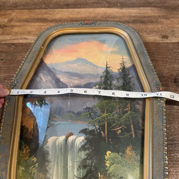 Antique Convex Bubble Frame Hexagonal Floral Carved Wood Mountain Waterfall READ - Picture 6 of 11